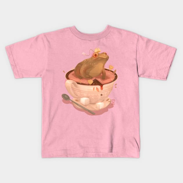 Tea Frog Queen Kids T-Shirt by Claire Lin